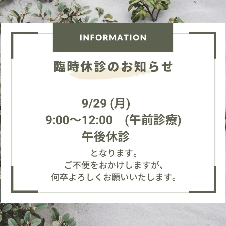 【臨時休診のお知らせ】皆さん、こんにちは!29日(月)は午後...